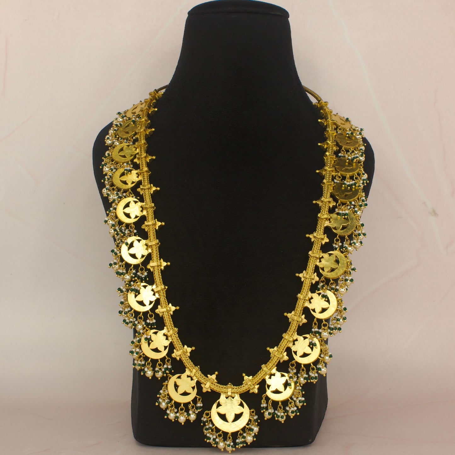 Floral Chandbali shaped jadau kundan long haram with 22k Gold plating 