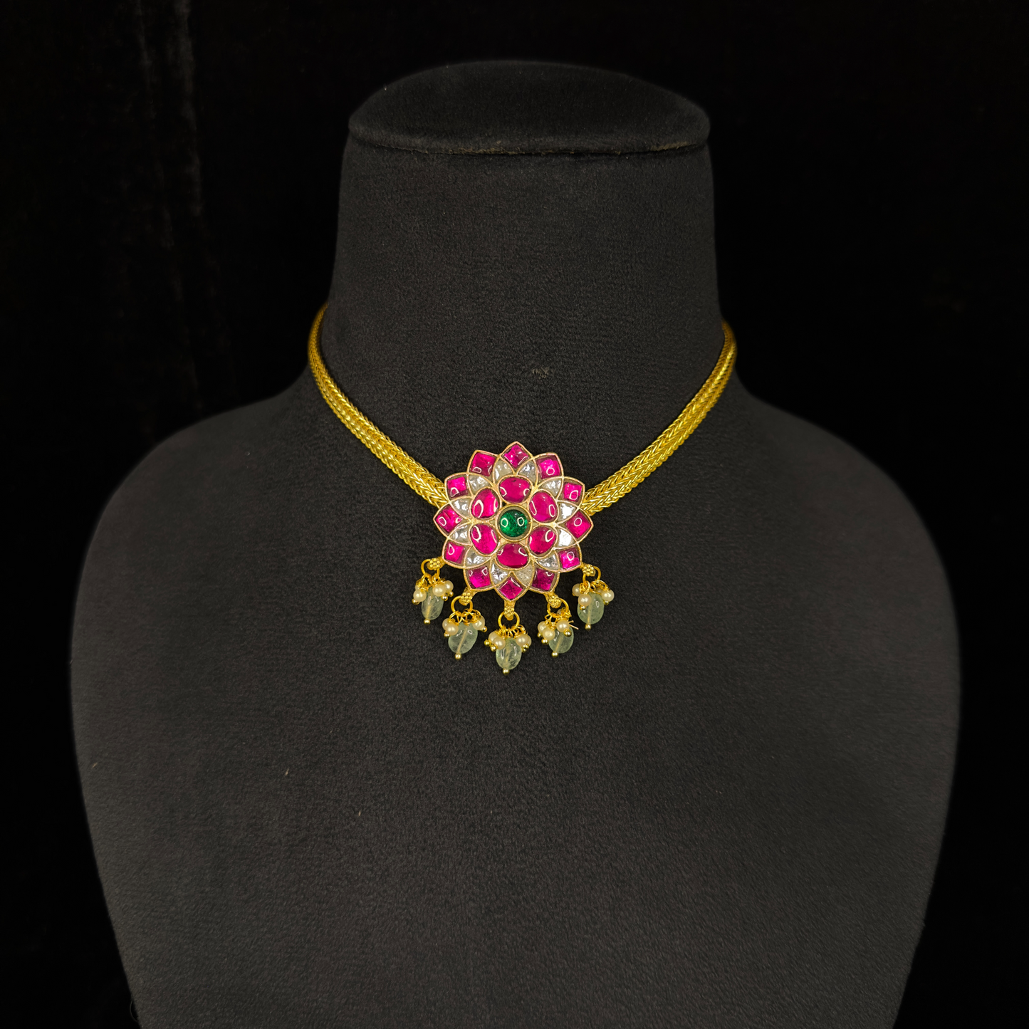 Floral Jadau Kundan Chain Pendant Necklace with Green Drops