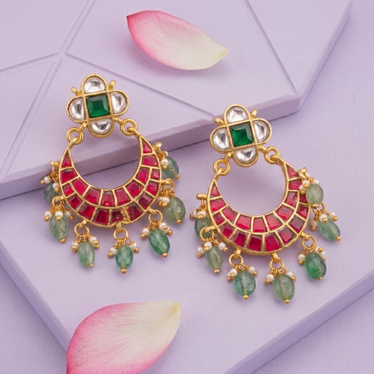 Floral Studded Sleek Jadau Kundan Chandbali Hanging Earrings