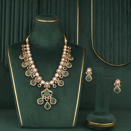 Victorian Diamond Finish Necklace Set With Emerald Drop Design And Earrings