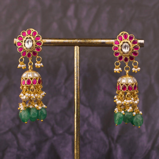 Phool Design Jadau Kundan Jhumki Earrings With Emerald Bead Hangings