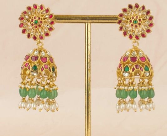 Unique Floral Design Studded Jadau Kundan Jhumki - DULHAN JEWELS