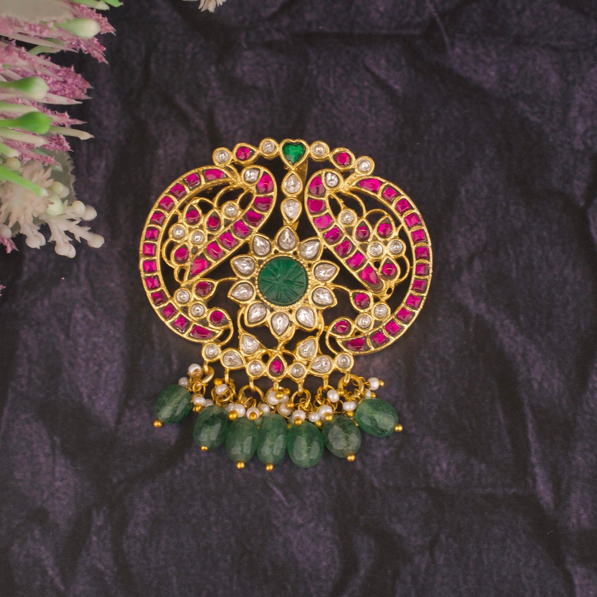Peacock & Floral Design Jadau Kundan Locket - DULHAN JEWELS