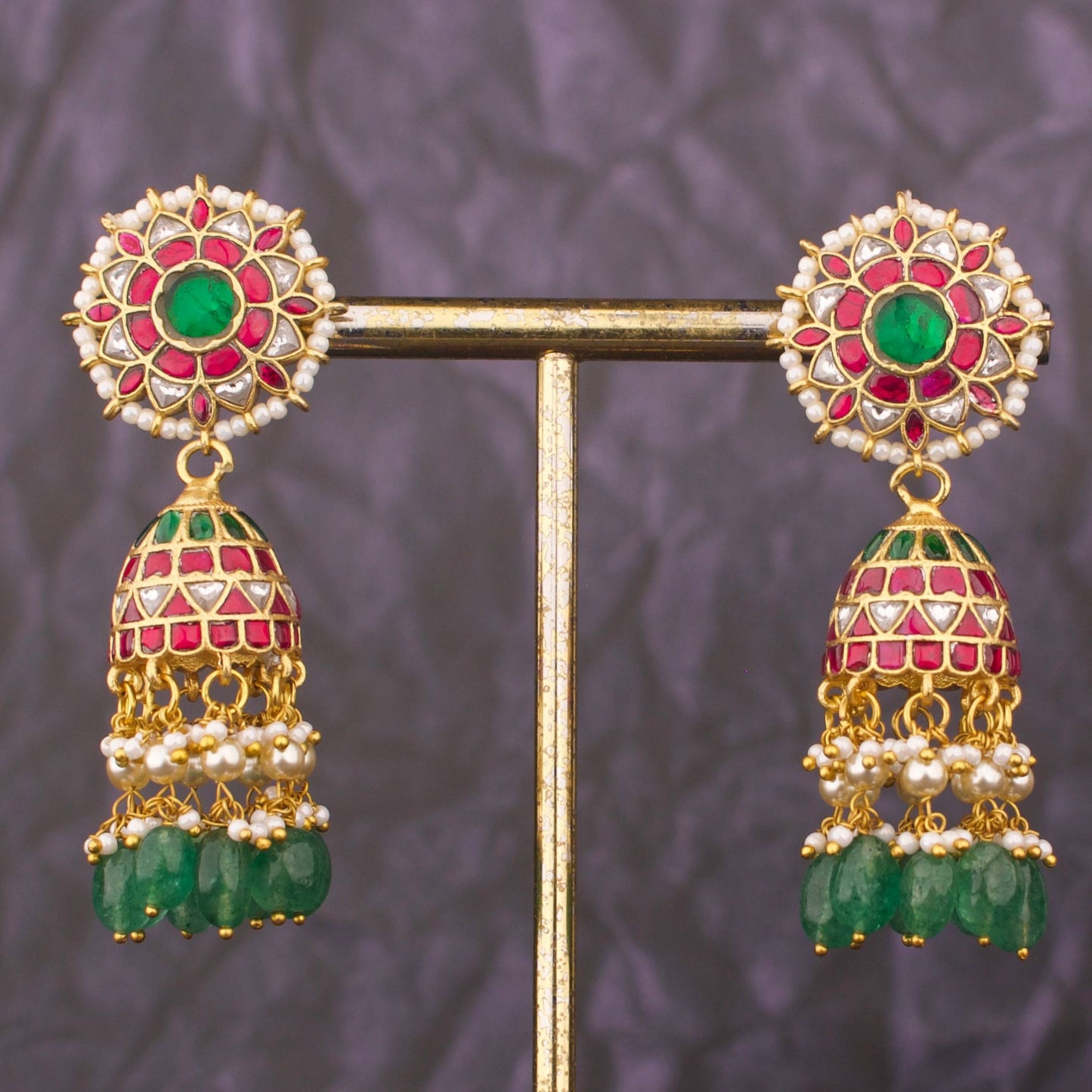 Imperial Floral Kundan Jhumka Earrings With Emerald Drops