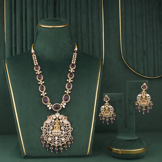 Temple Victorian Necklace set with Peacock Motifs - Handcrafted Indian Bridal Jewelry by Dulhan Jewels