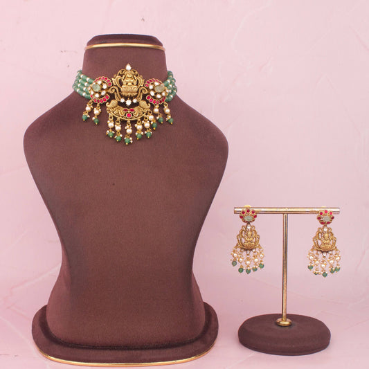Traditional Beaded Choker Necklace Set With Lakshmi Devi Pendant