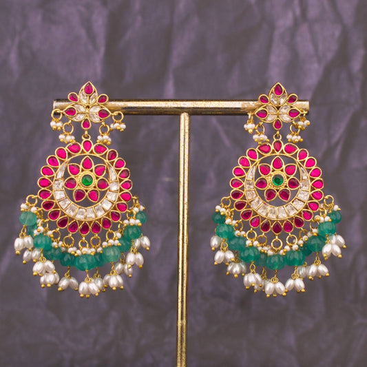Floral Design Jadau Kundan Chandbali Earrings With Ricepearl