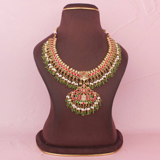 Traditional Jadau Kundan Peacock Locket Necklace With Guttapusalu Hangings