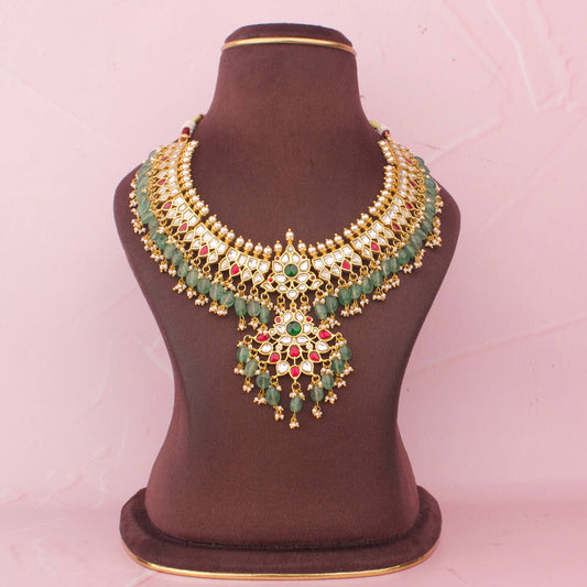 Premium Jadau Kundan Short Necklace With Emerald Drops