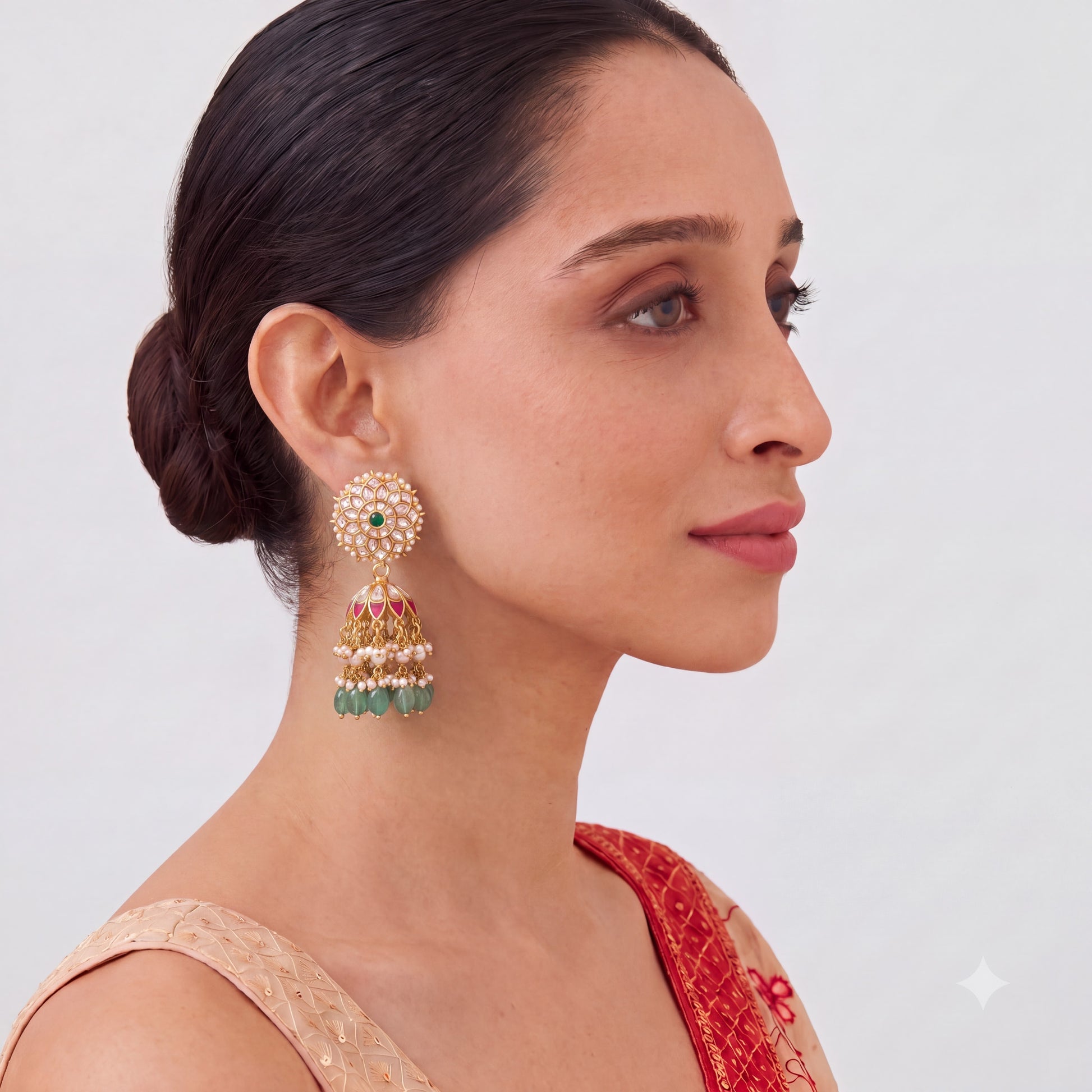 Floral Studded Jadau Kundan Jhumki Earrings With Green Beads Craftsmanship & Detail View - Dulhan Jewels