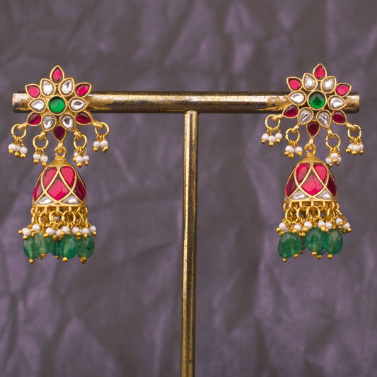 Elegant Floral Jadau Kundan Earrings With Green Drops