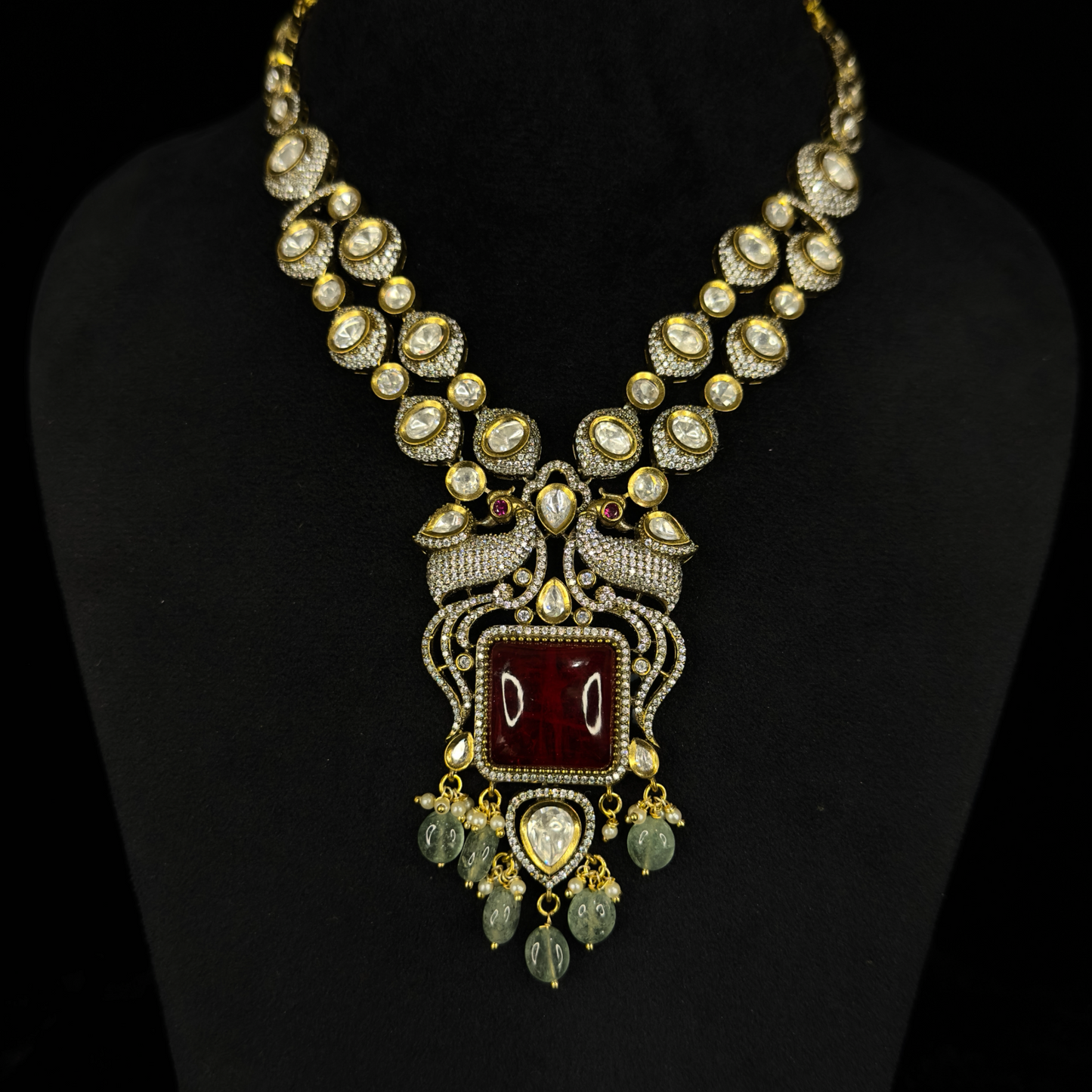 Two-Line Antique-gold Victorian Necklace set with Russian beads