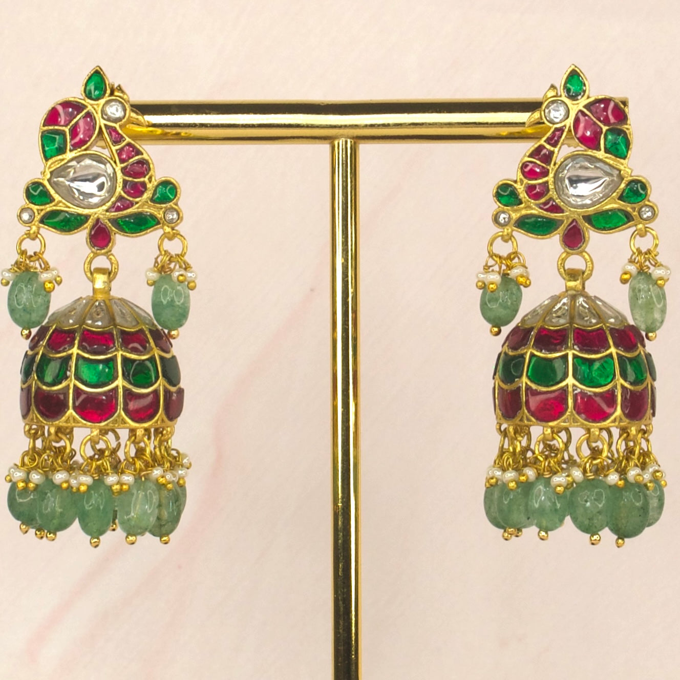 Charming Peacock Jadau Kundan Jhumkas with Green Beads