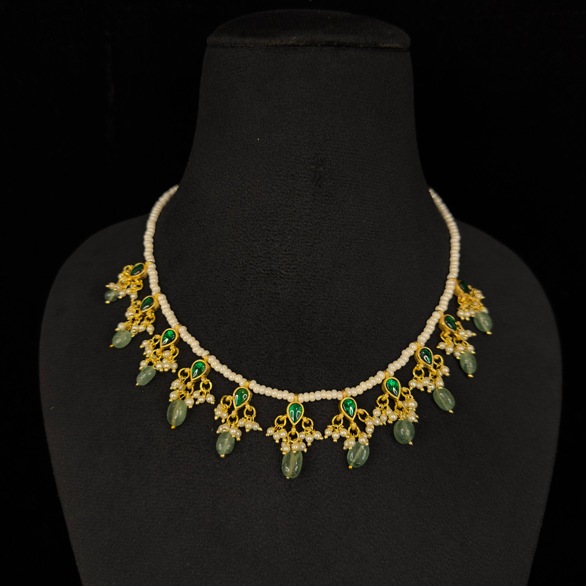 Graceful Jadau Kundan Pearl Necklace Set with Green Beads with 22k gold plating. this product belongs to jadau kundan jewellery category
