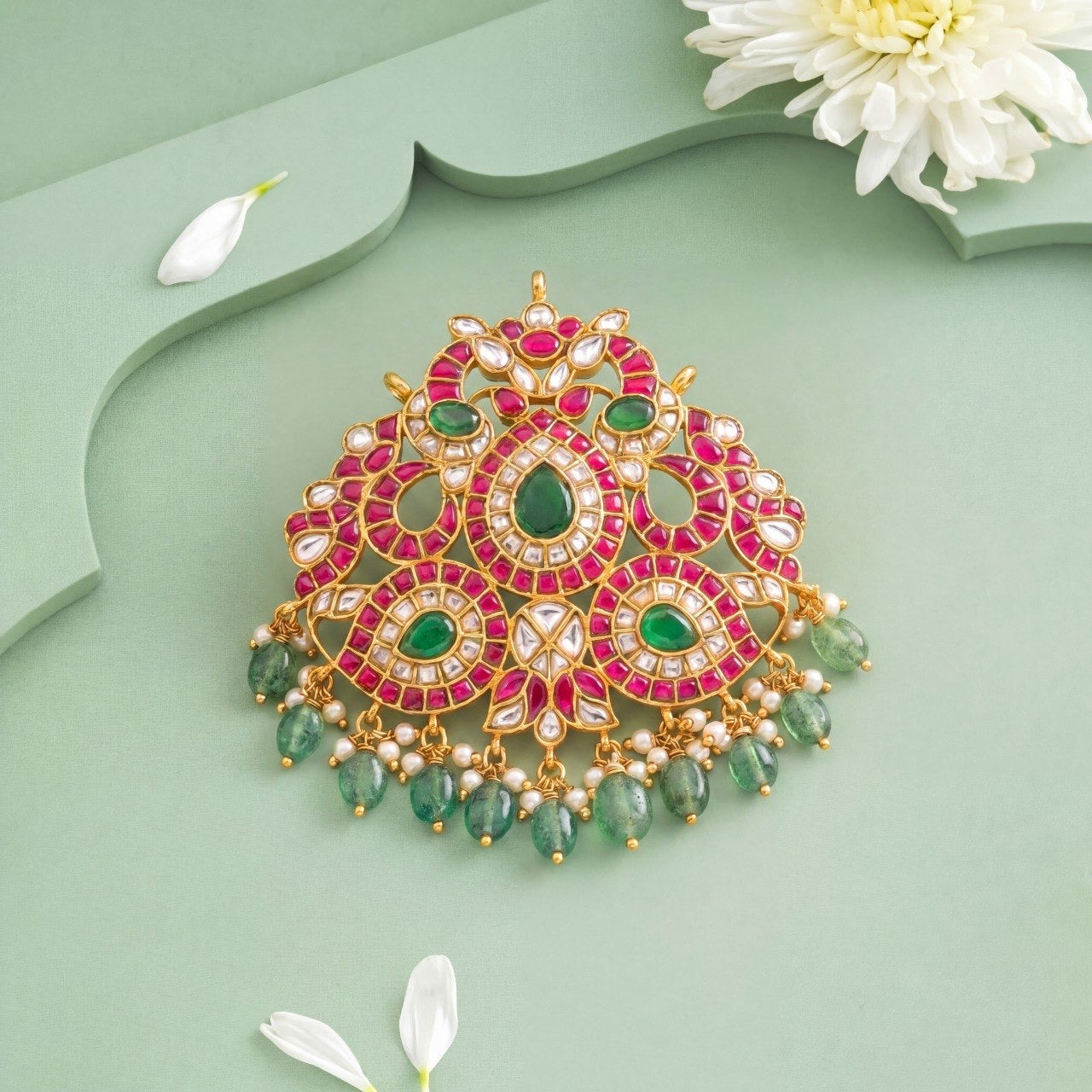 Traditional Multi Colour Jadau Kundan Pendant With Green Beads Hanging