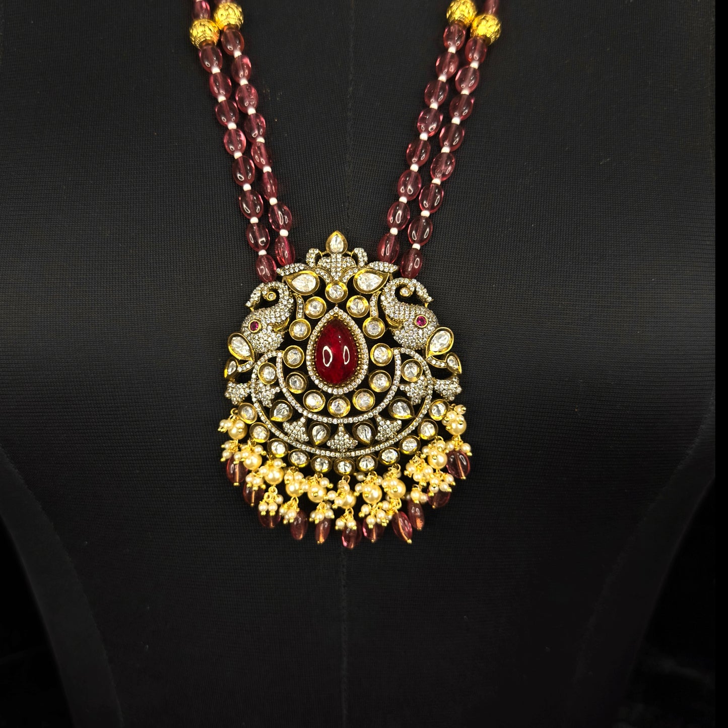 Victorian plated Beads Maala with Zircon & Pearl drops