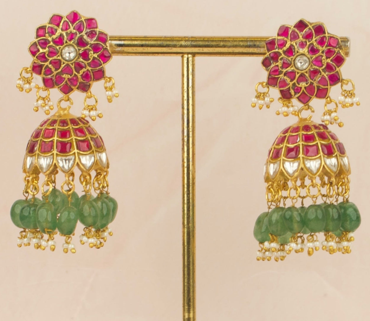 Flowers Design Jadau Kundan Jhumki With Green Beads Hanging - DULHAN JEWELS