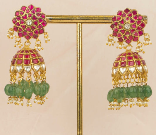 Flowers Design Jadau Kundan Jhumki With Green Beads Hanging - DULHAN JEWELS