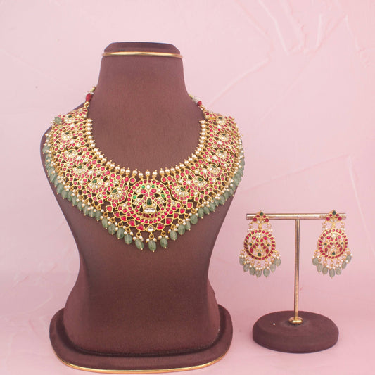 Bridal Jadau Kundan Necklace With Matching Earrings And Green Beads As Droplets