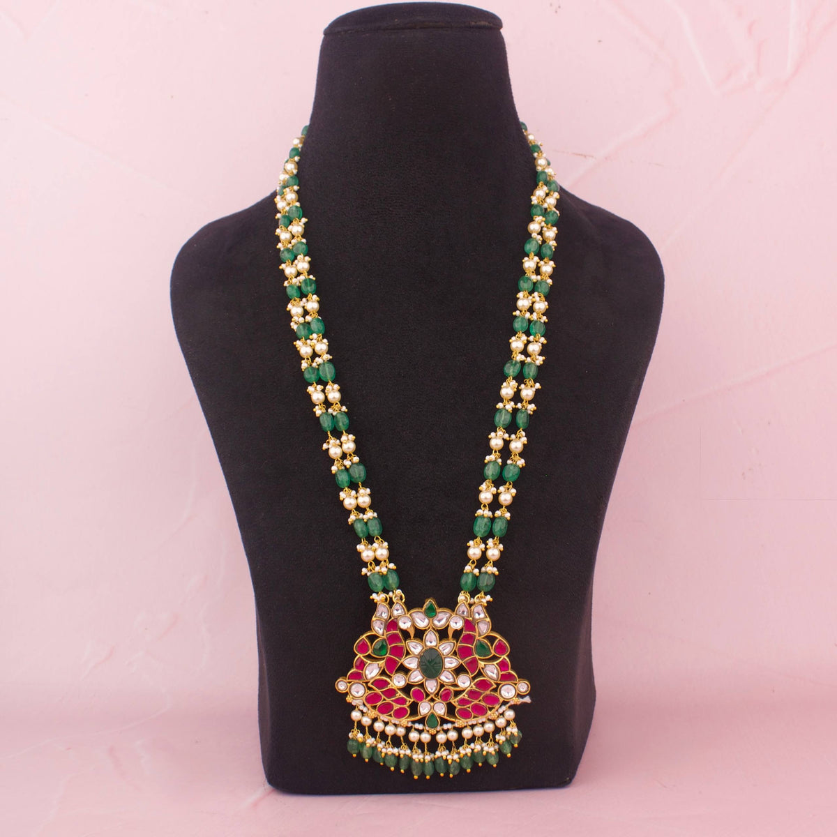 Jadau Kundan Necklace With Emerald Beads And Floral Pendant