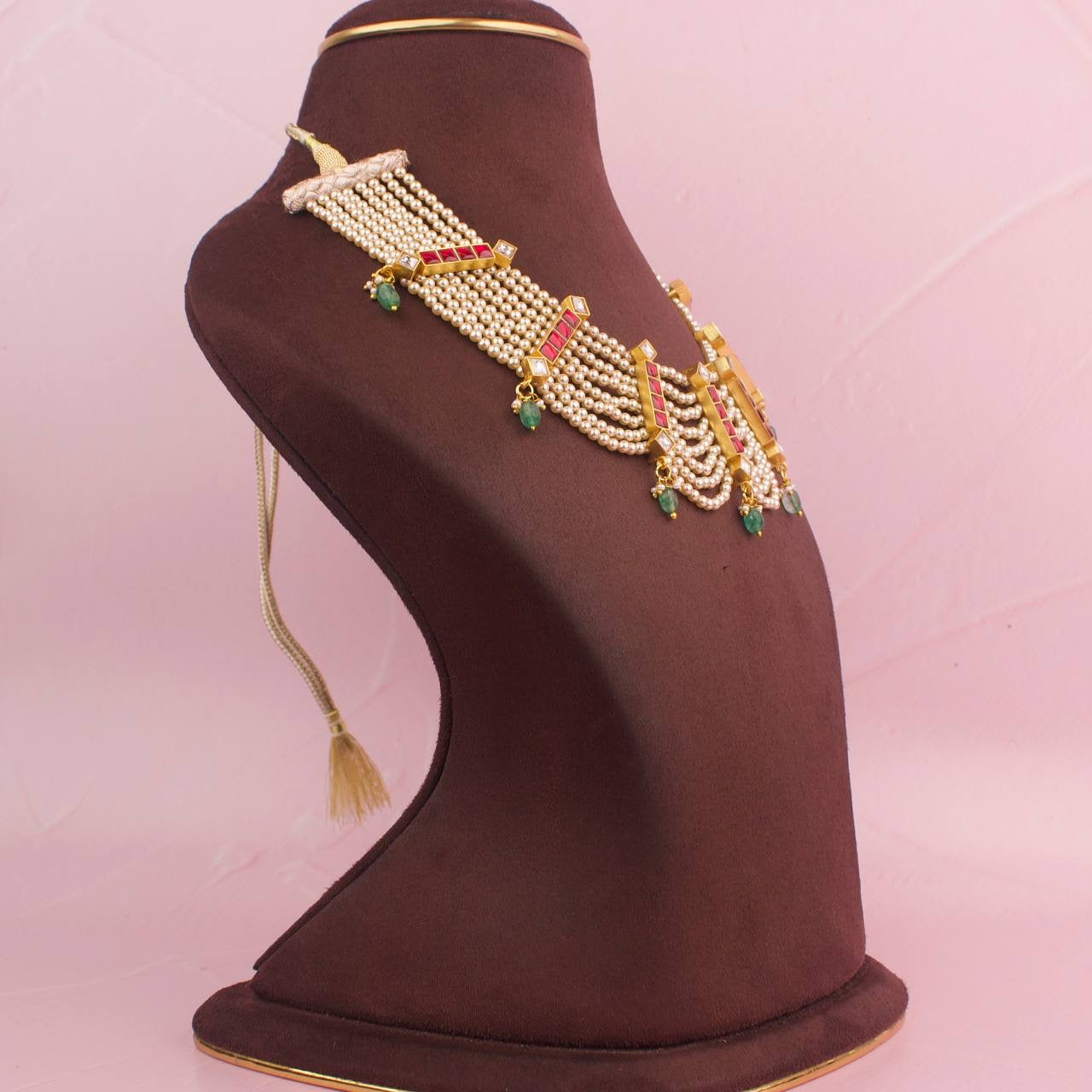 Sleek Jadau Kundan Swarovski Pearl Necklace Set With Matching Earrings