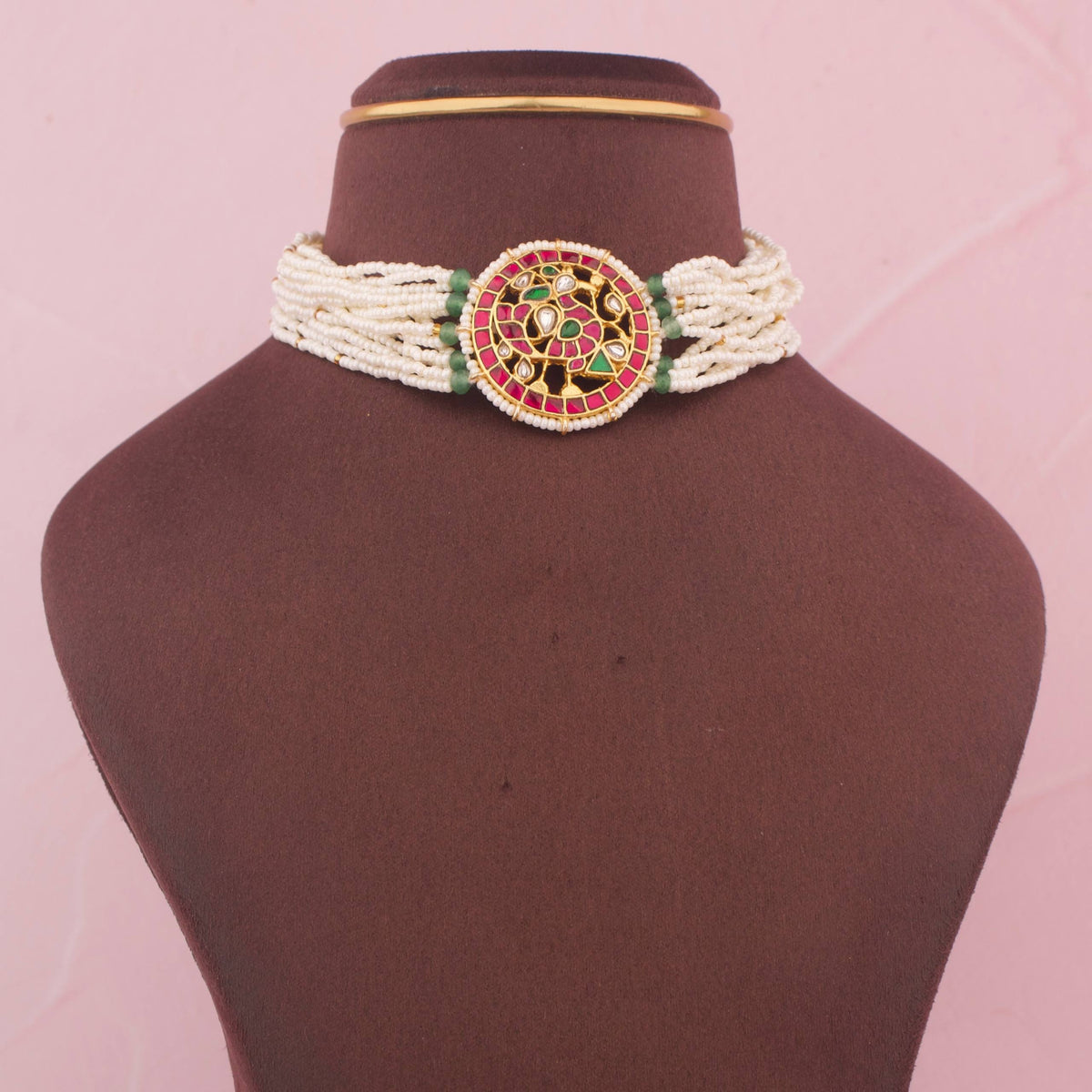 Statement Simple Jadau Kundan Pearl Choker - Handcrafted Indian Bridal Jewelry by Dulhan Jewels