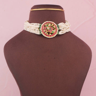 Statement Simple Jadau Kundan Pearl Choker - Handcrafted Indian Bridal Jewelry by Dulhan Jewels
