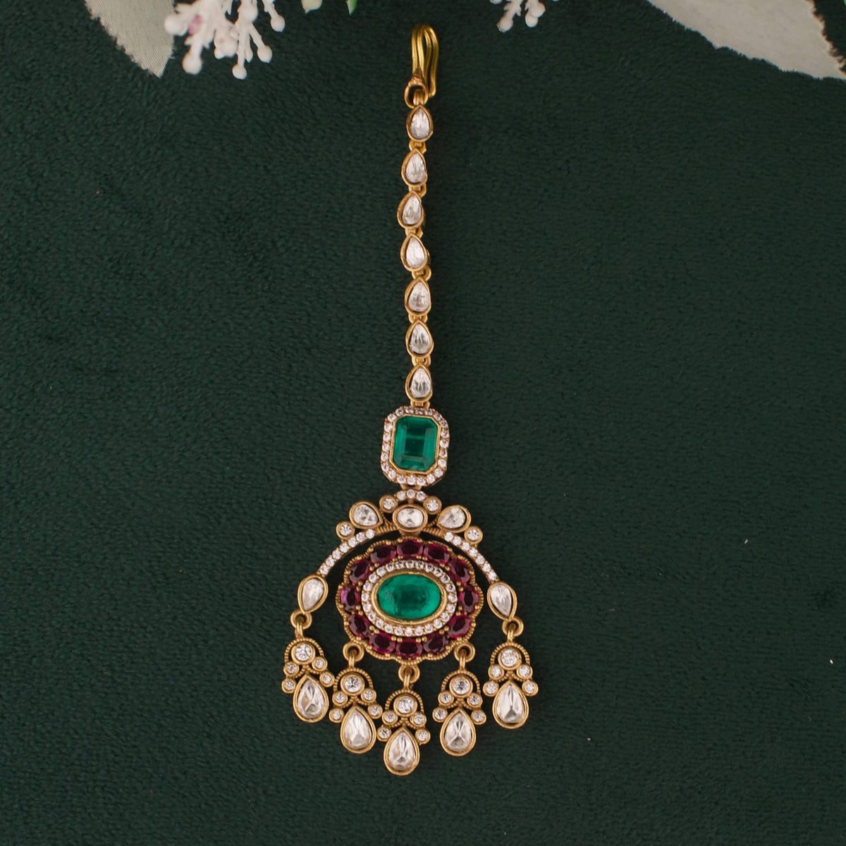 Elegant Emerald Maang Tikka With Ruby And Polki Accents - Handcrafted Indian Bridal Jewelry by Dulhan Jewels