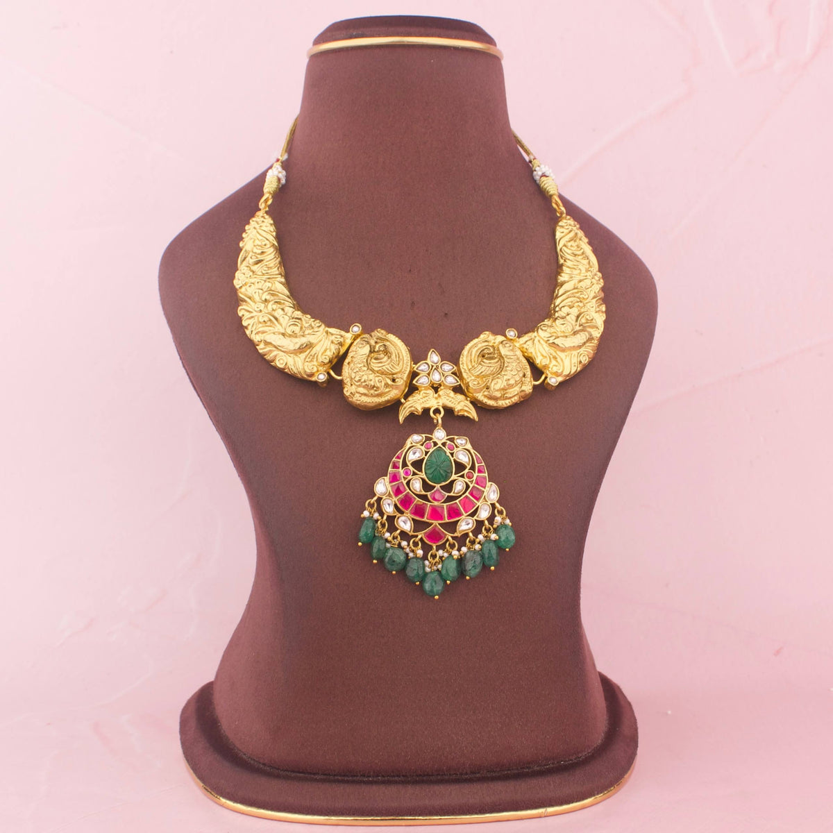 Stylish Jadau Kundan Kanti Necklace With Green Drops