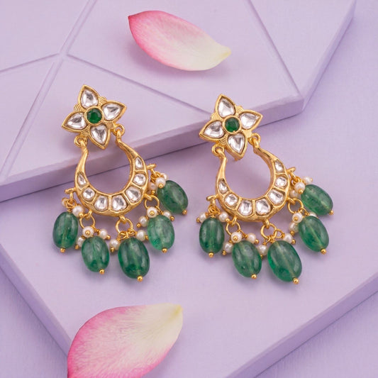 Classic Jadau Kundan Chandbali Earrings Emerald Green Bead Drops