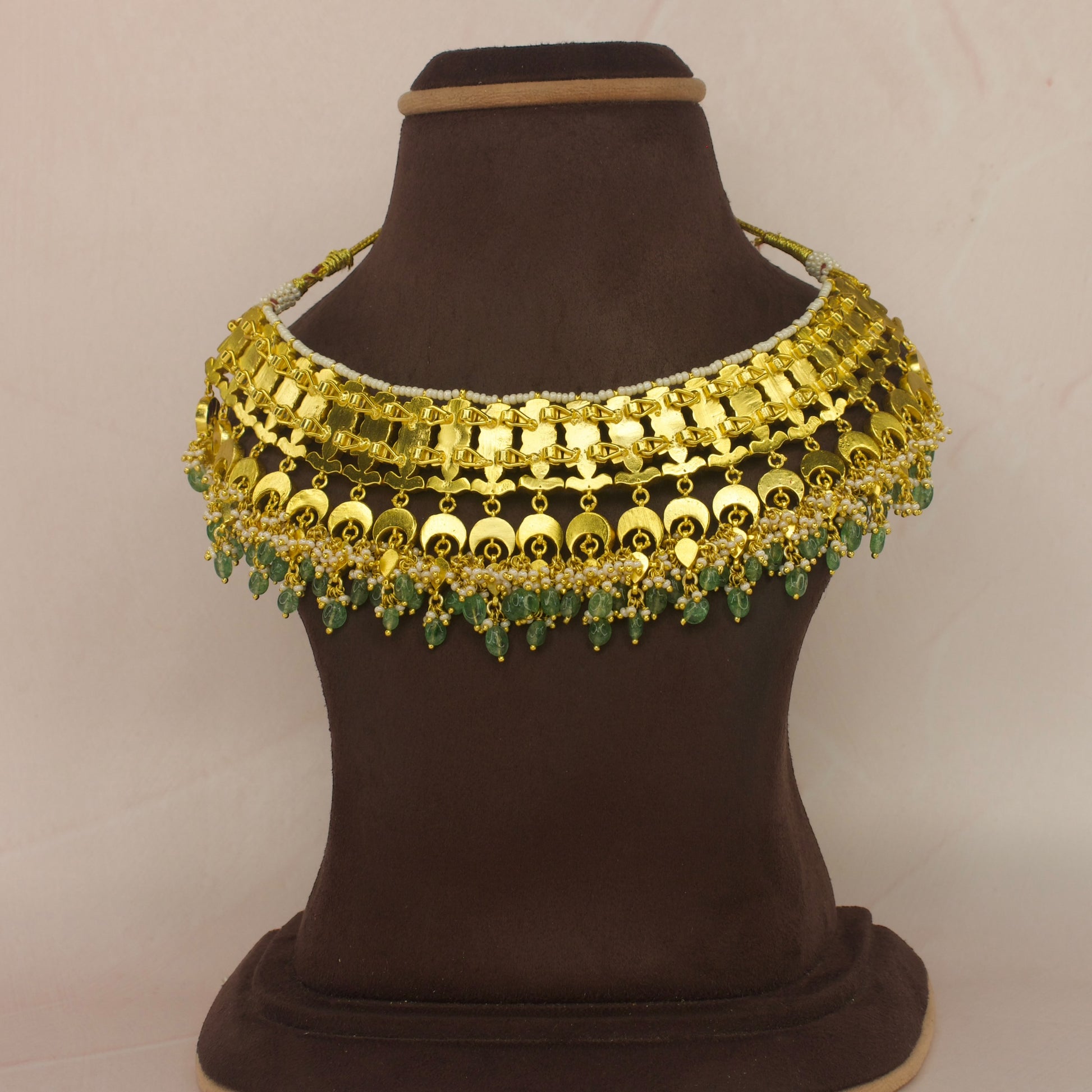 Bridal jadau kundan choker with bead hangings with 22k gold plating