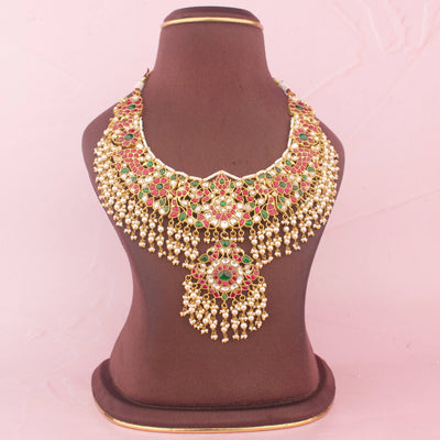 Gold Design Jadau Kundan Necklace With Swarovski Pearl Hangings