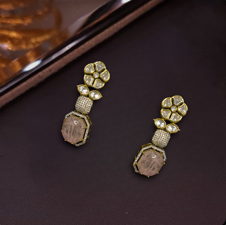 Voguish Victorian Zircon Earrings with zircon stones, polki stones, and moissanite stones. This Victorian Jewellery is available in dark green, pink,purple, and mint