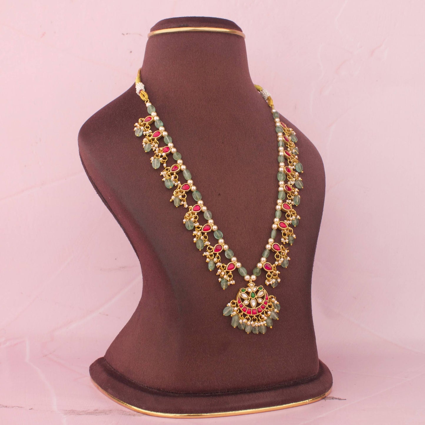 Side view of premium Elegant Jadau Kundan Beads Necklace With Green Drops showcasing handcrafted