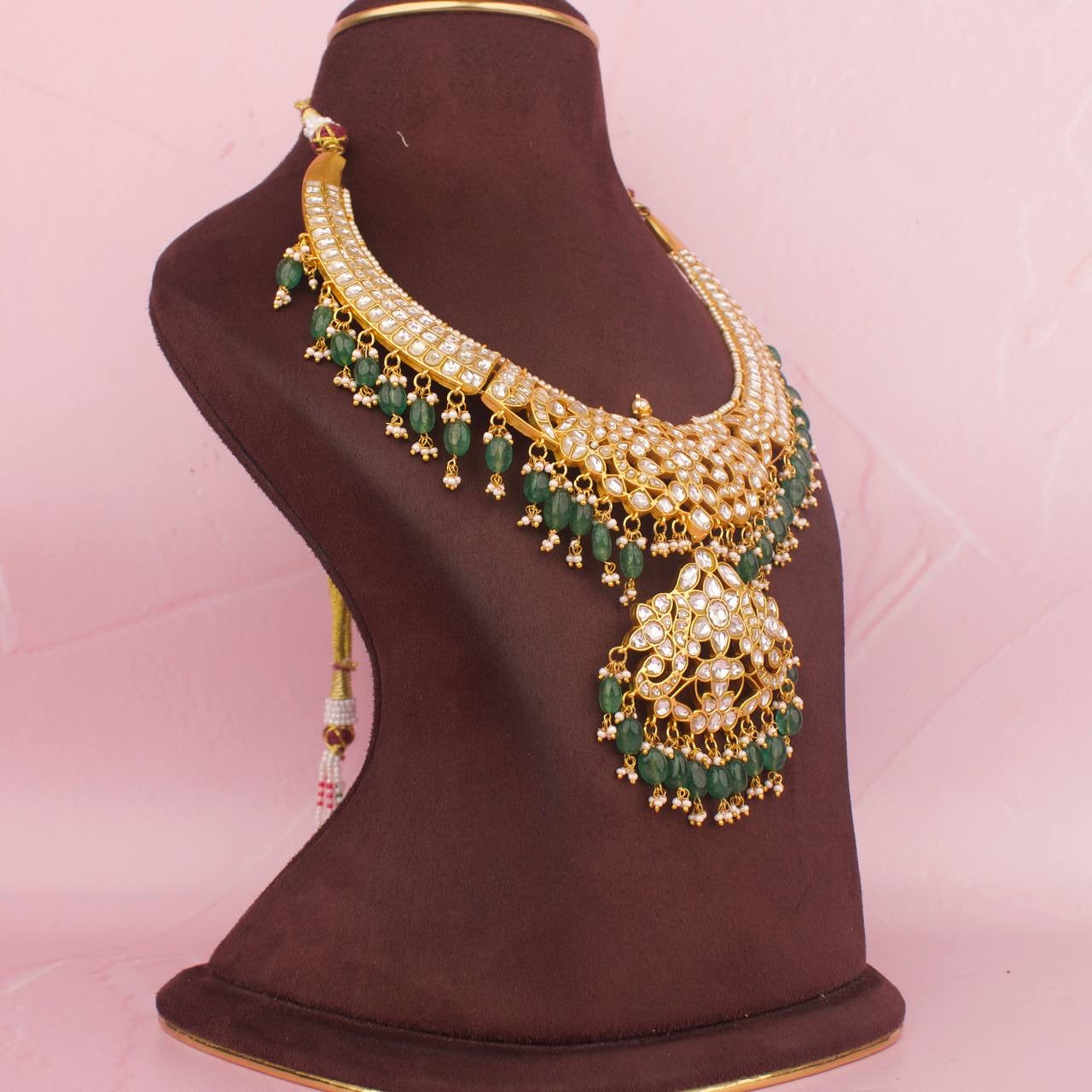 Exclusive Gold Inspired Jadau Kundan Necklace With Beads & Pearl Hanging