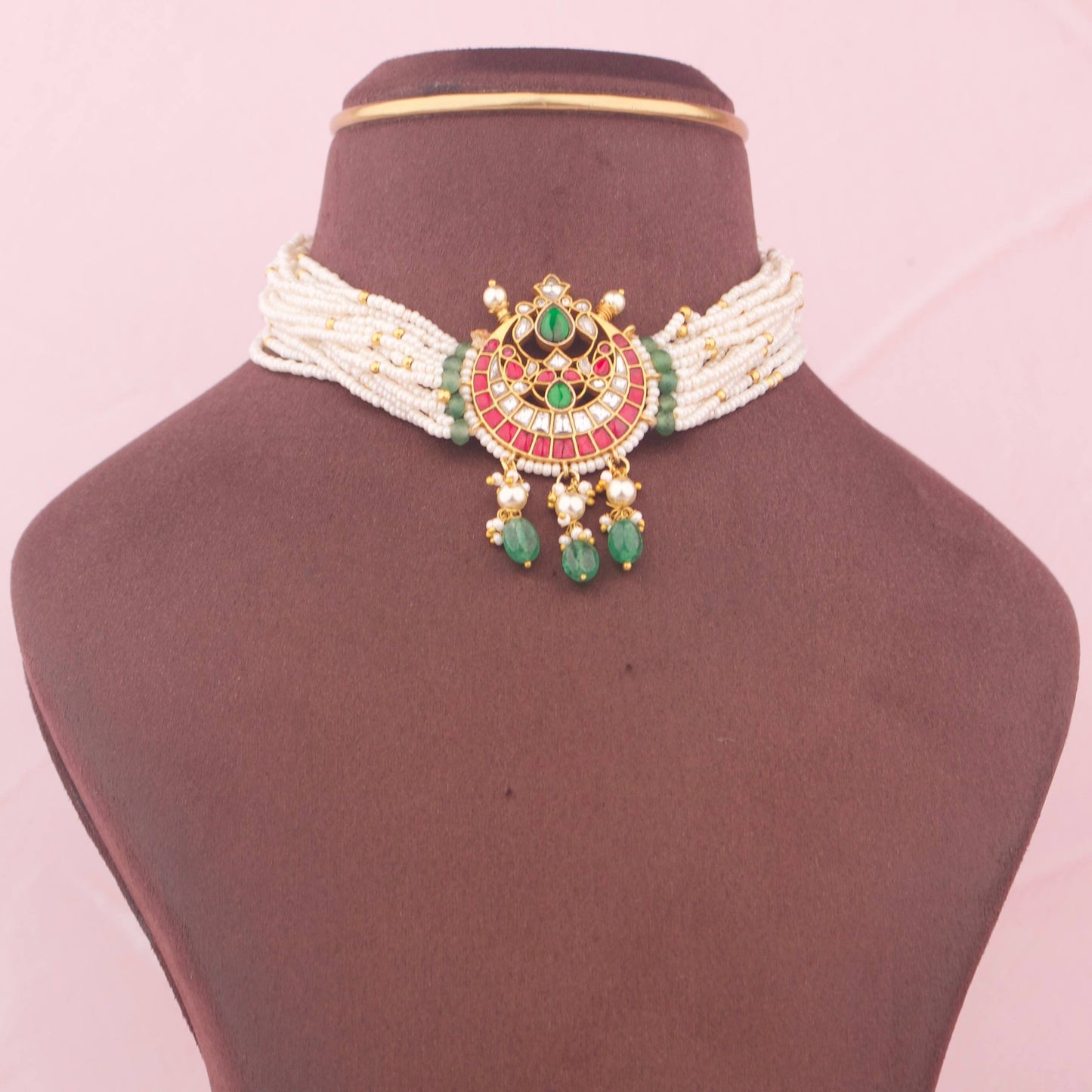 Jadau Kundan Pearl Choker With Emerald Drops
