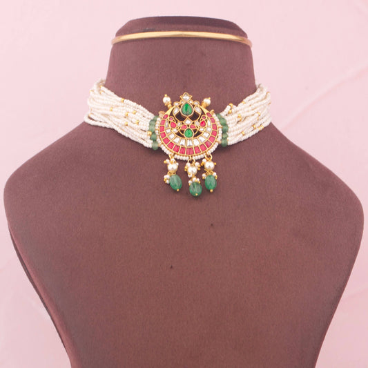 Jadau Kundan Pearl Choker With Emerald Drops