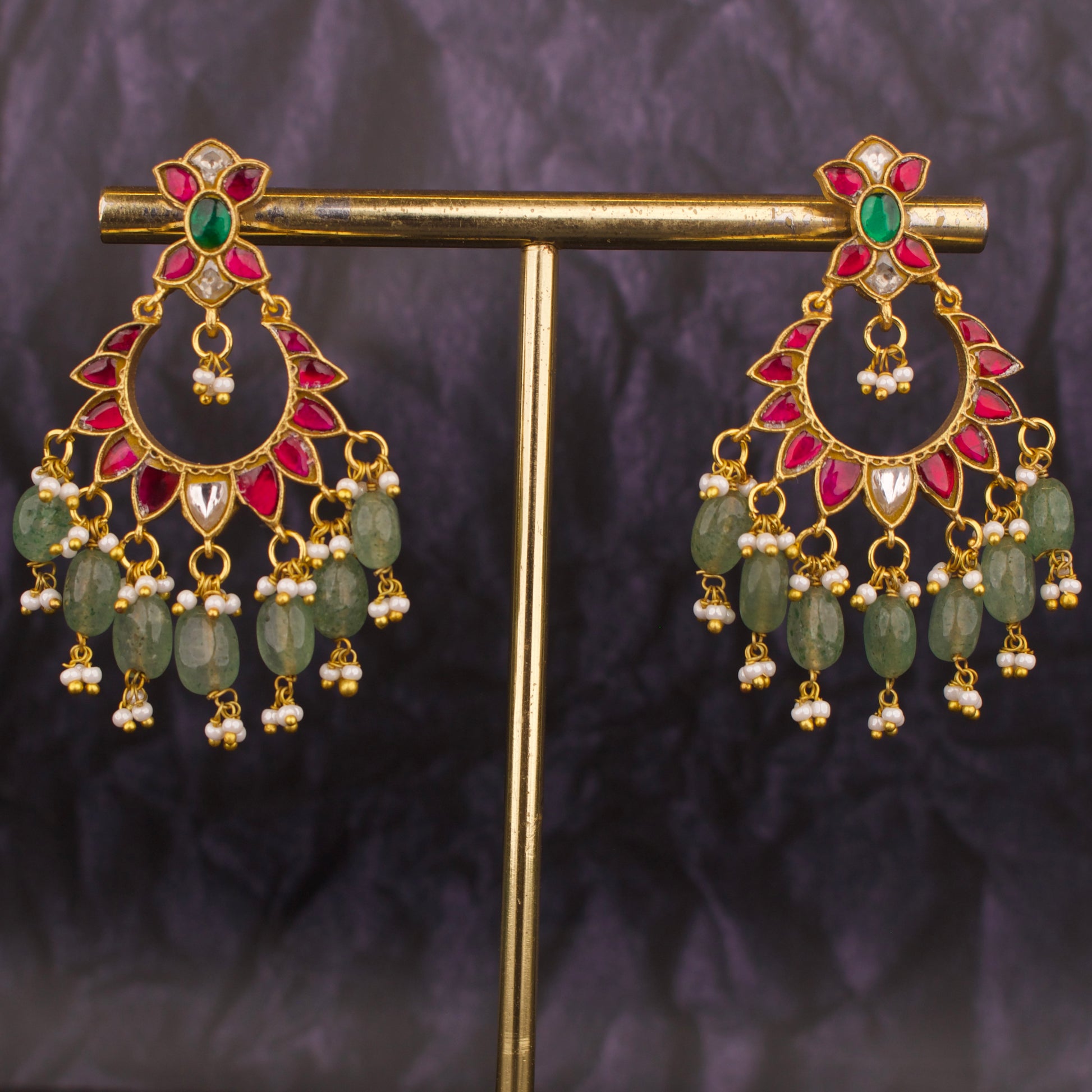 Dazzling Floral Design Jadau Kundan Chand Bali With Russian Beads Hanging - DULHAN JEWELS