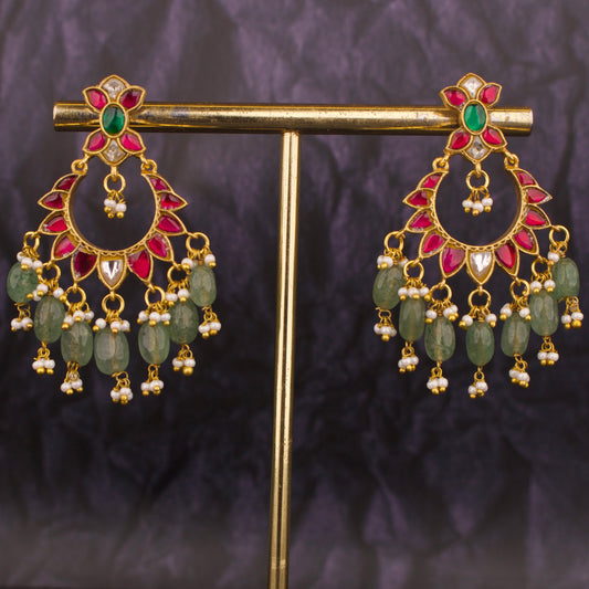 Dazzling Floral Design Jadau Kundan Chand Bali With Russian Beads Hanging - DULHAN JEWELS