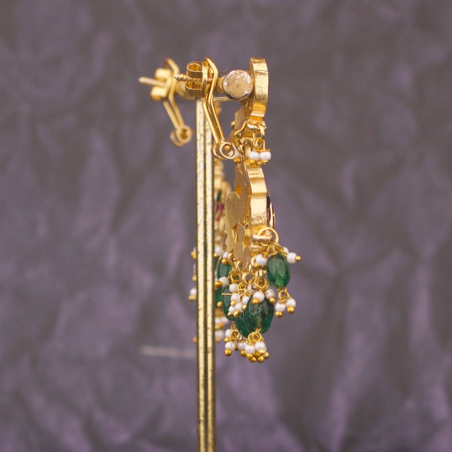 Designer Jadau Kundan Chandbali Earrings With Emerald Beads