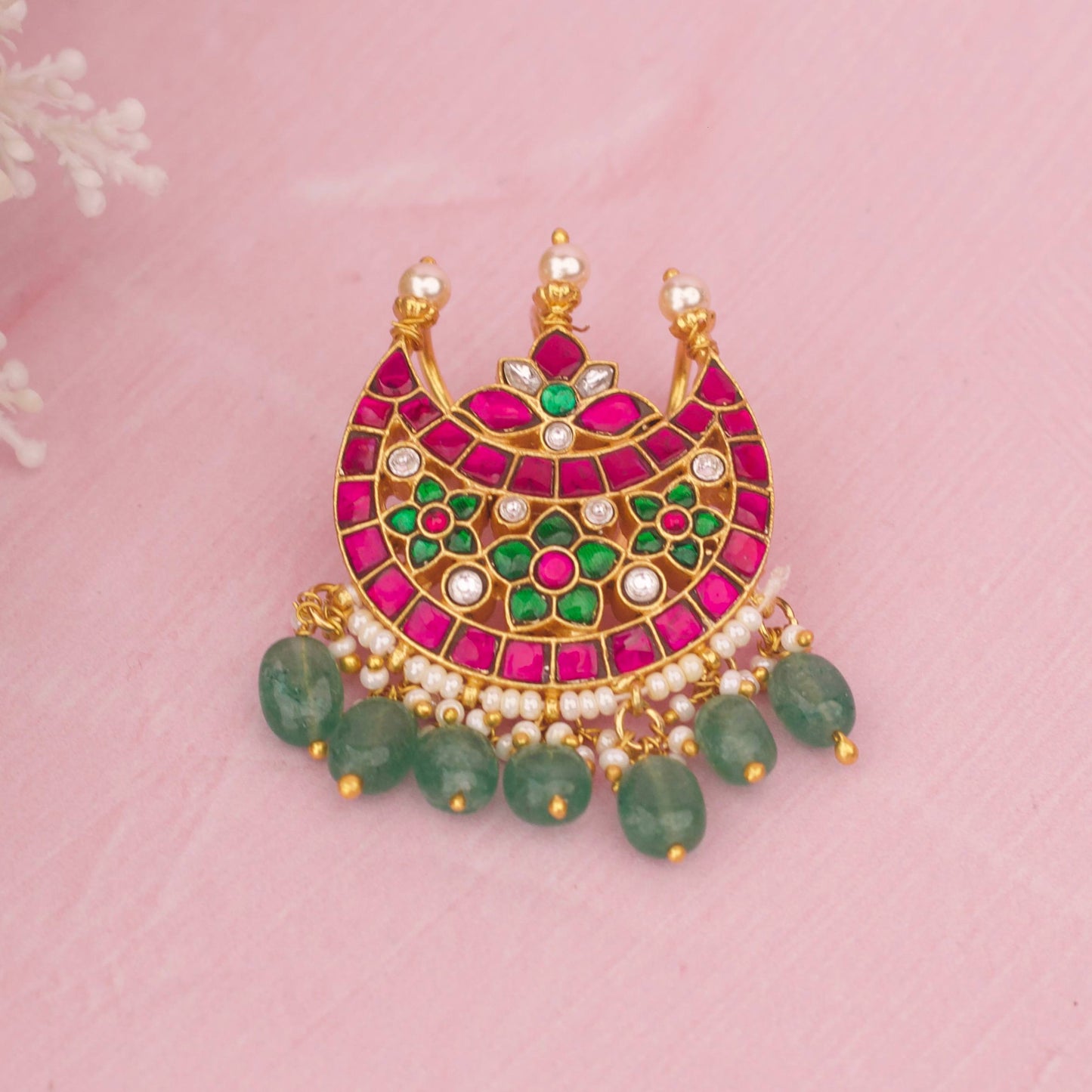 Royal Antique Finish Jadau Kundan Hairpin With Green Hangings