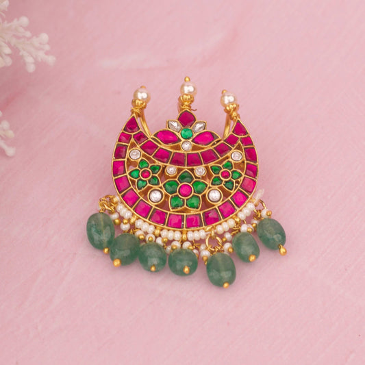 Premium brass Royal Antique Finish Jadau Kundan Hairpin With Green Hangings adorned with ruby
