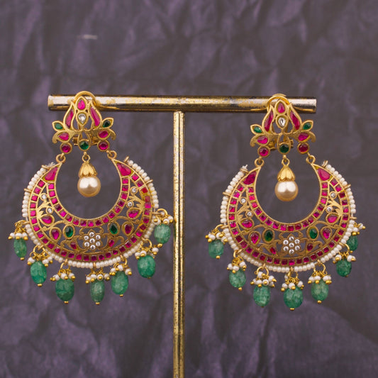Graceful Jadau Kundan Chandbali Earrings With Bead Hangings