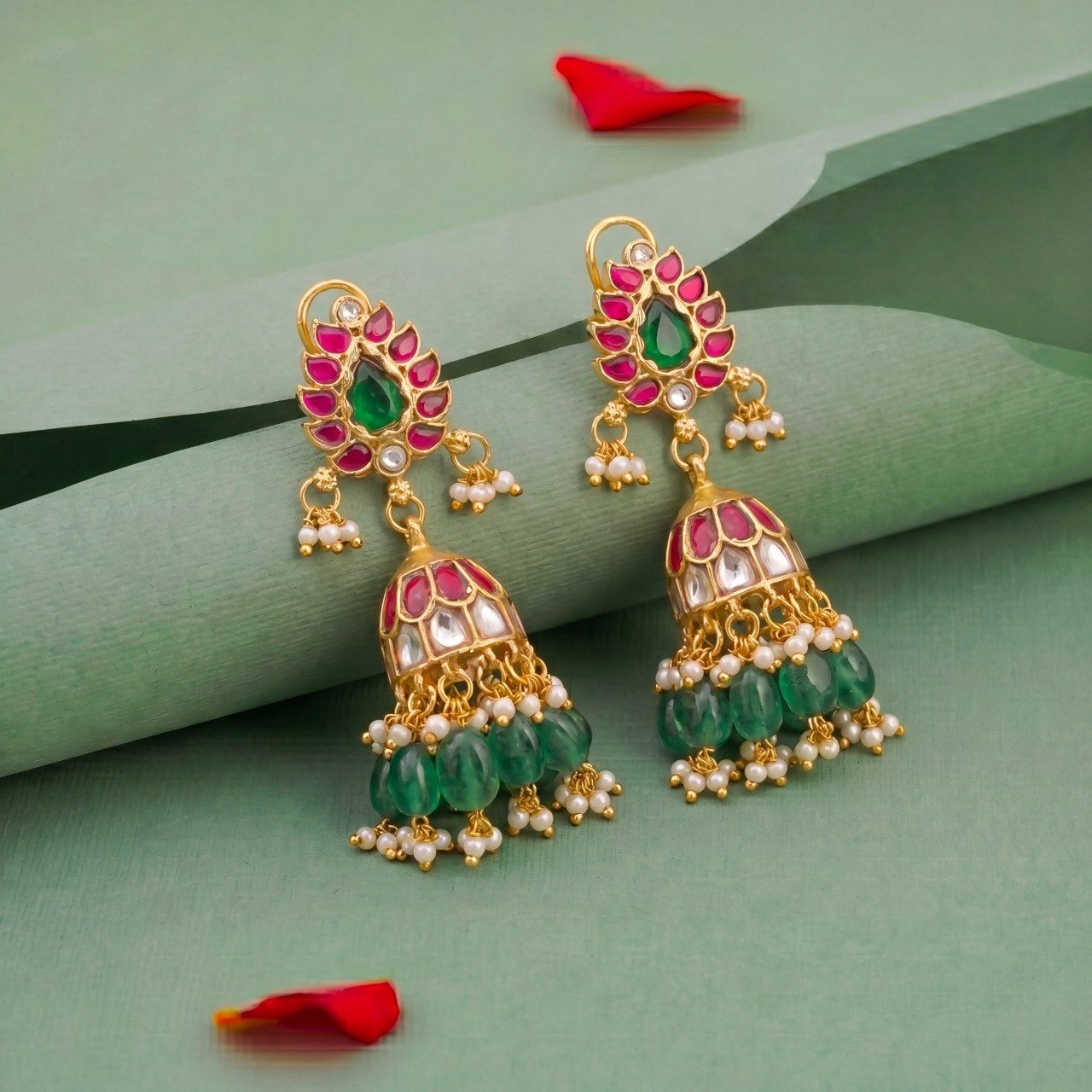 Imperial Jadau Kundan Jhumki Earrings With Emerald Drops
