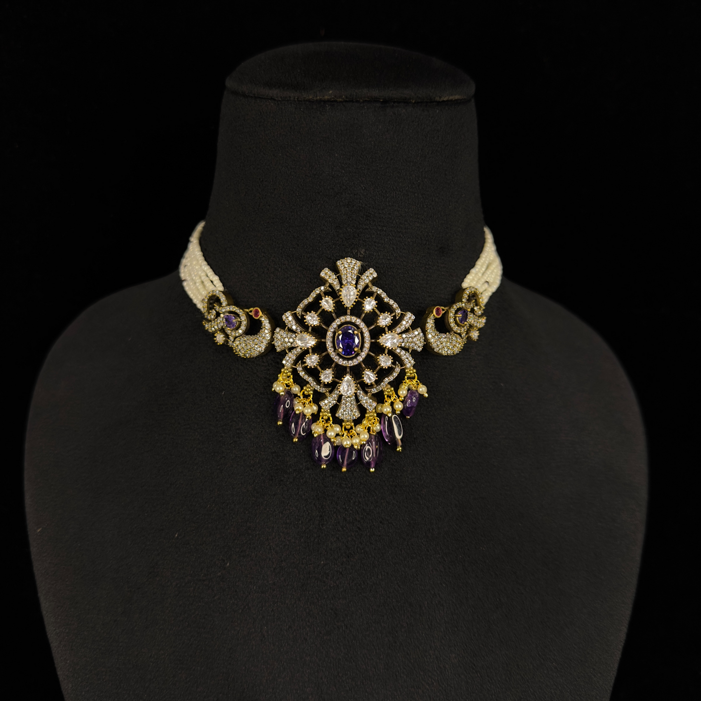 Peacock Victorian Zircon Choker set with pearls & earrings