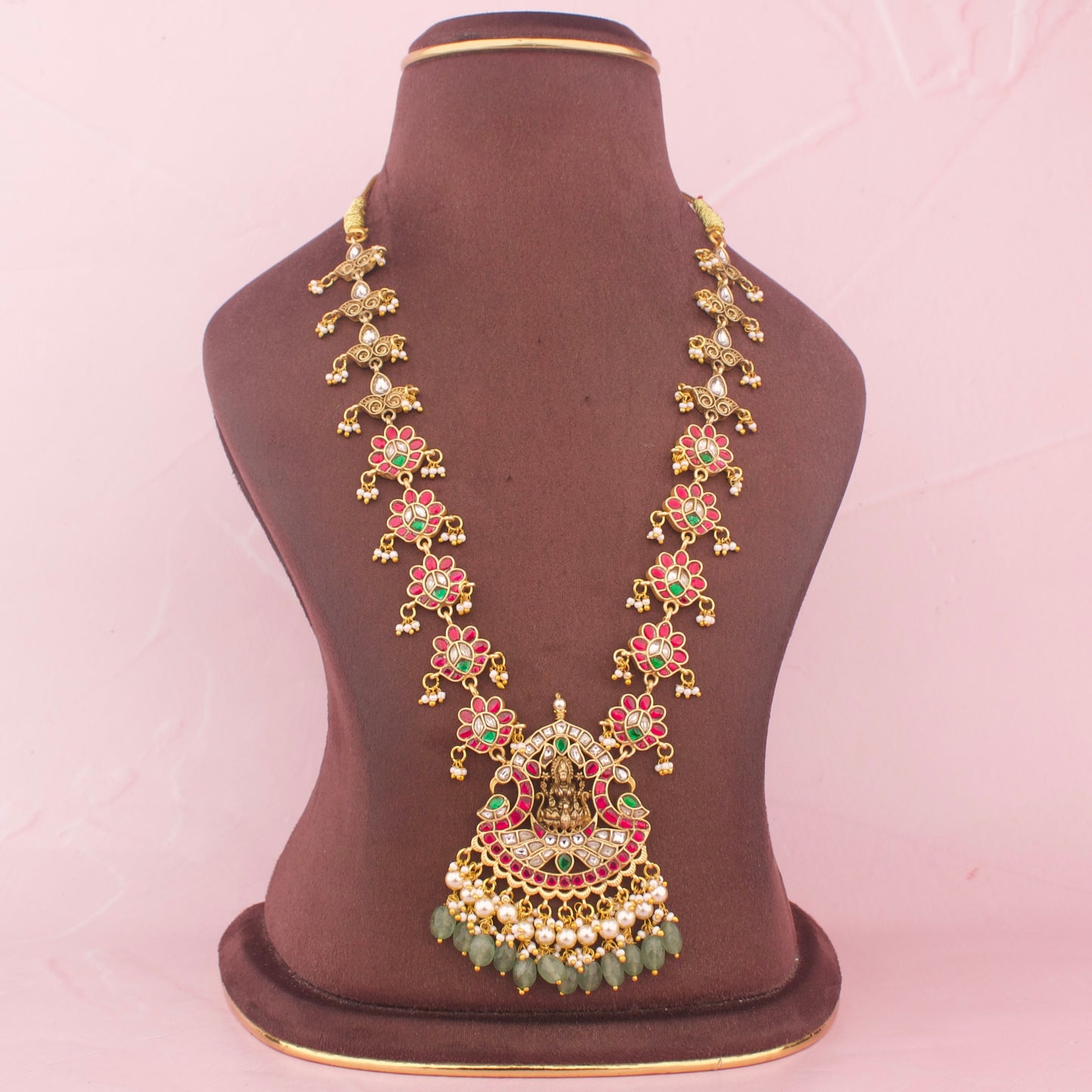 Adorned Laxmi Devi Jadau Kundan Necklace With Emerald Bead