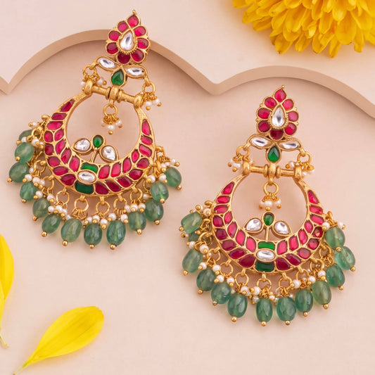 Designer Jadau Kundan Chandbali Earrings With Emerald Beads