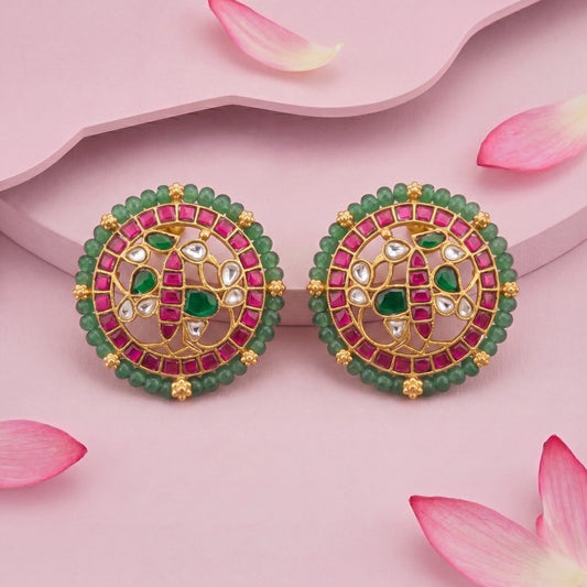 Heritage Jadau Kundan Stud Earrings With Mandala Design And Emerald Green Bead Border