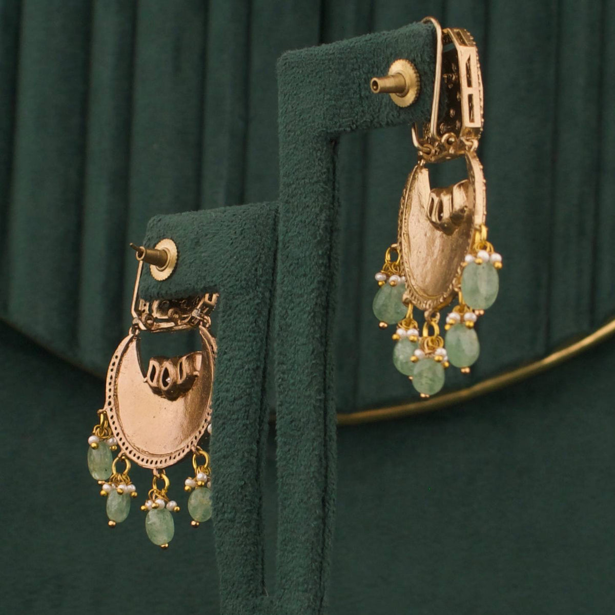 Regal Polki Mehandi Victorian Chand Bali Earrings Styling Angle View 8 - Dulhan Jewels