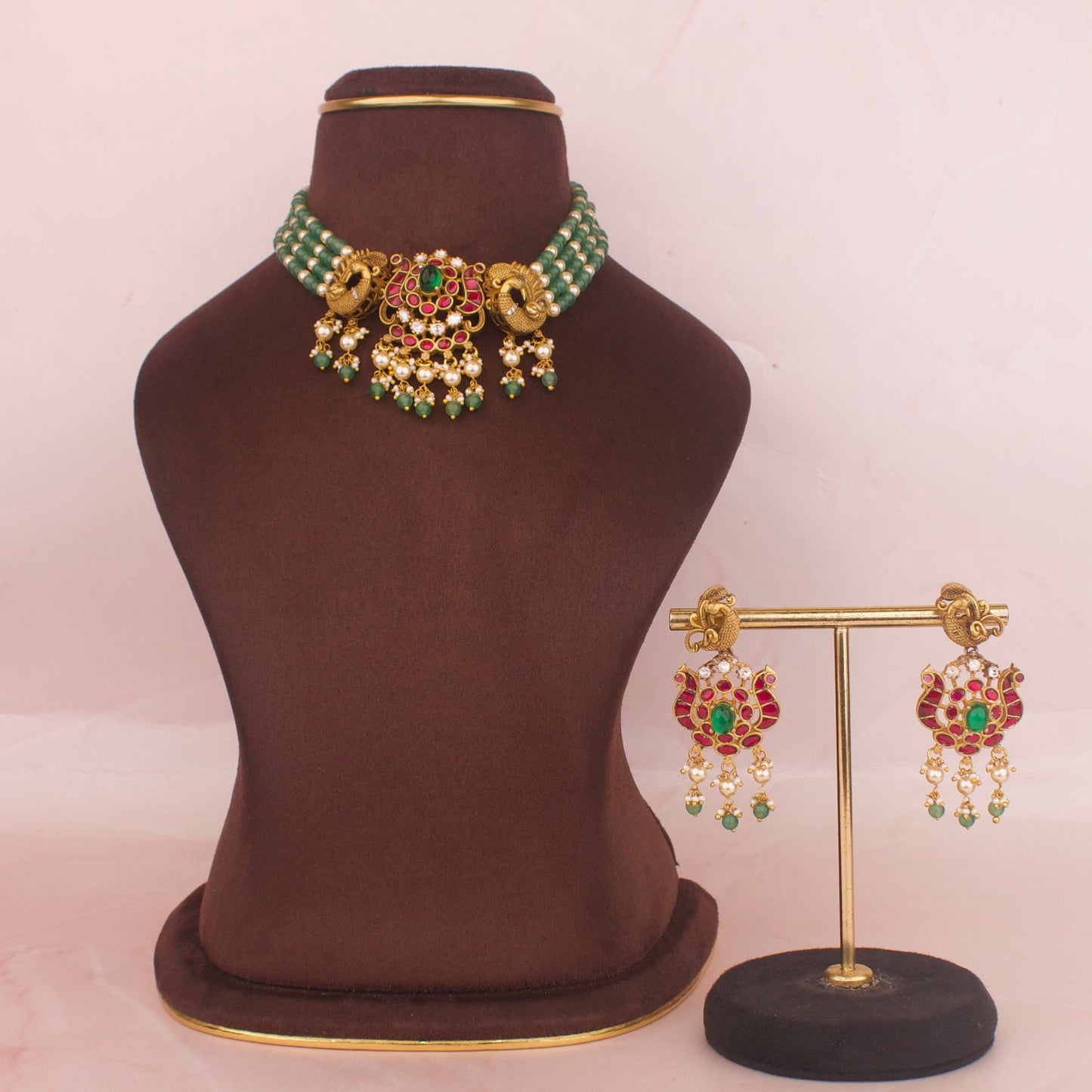 Authentic Jadau Kundan Beads Choker With Matching Earrings